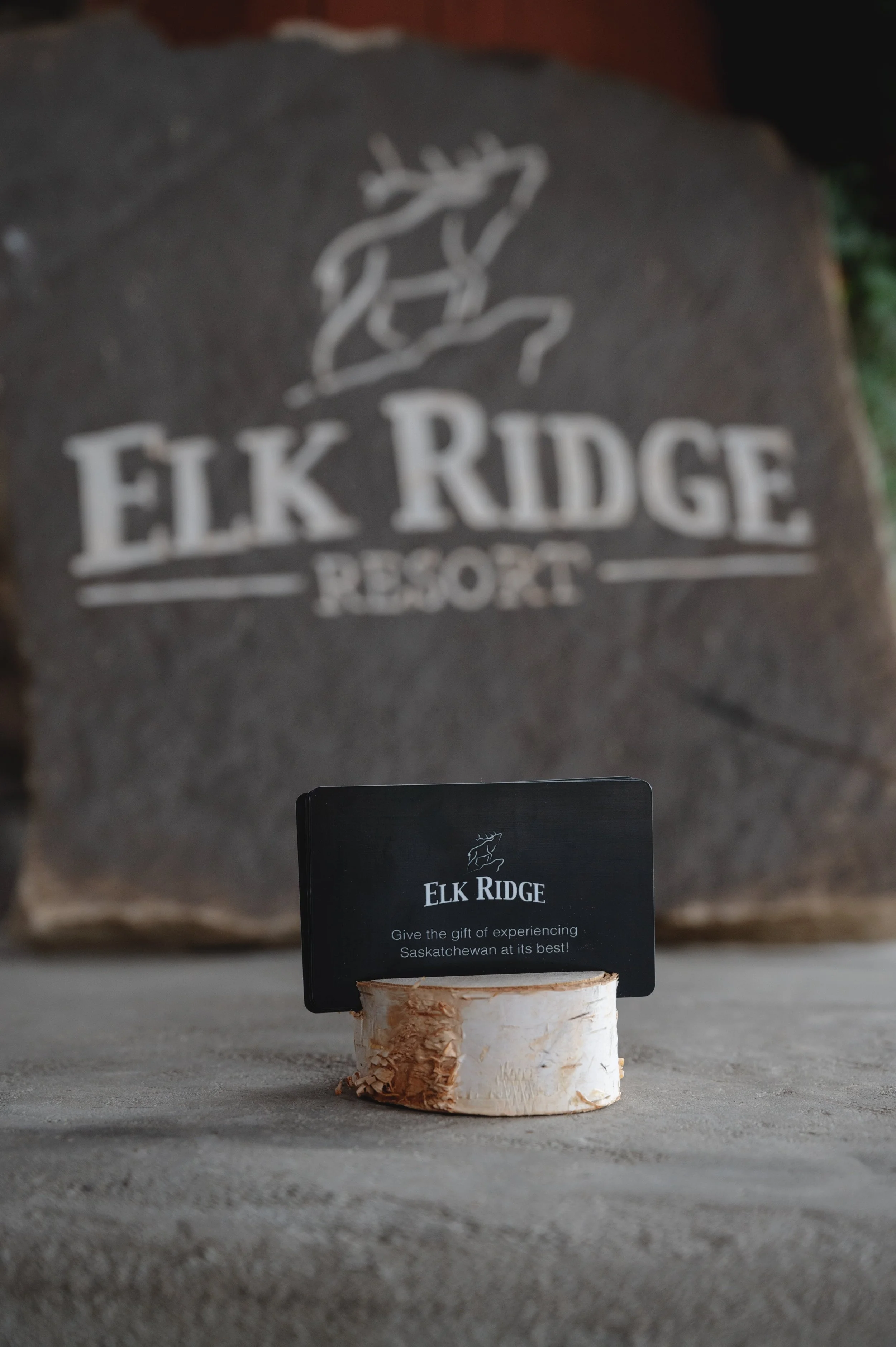 An Elk Ridge Resort gift card propped on a birch round