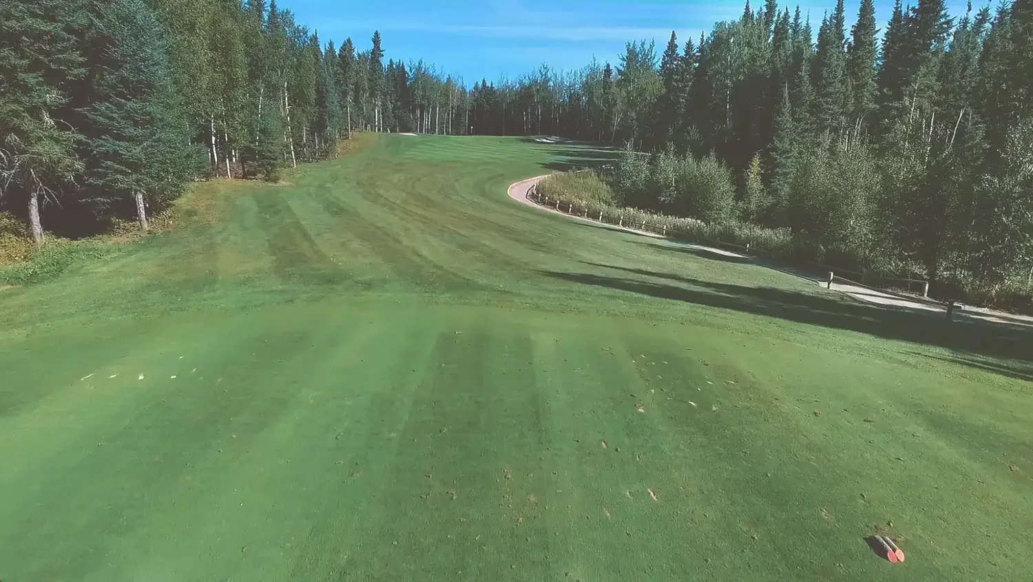 Aerial view of the sixth hole on the Aspen course at Elk Ridge Resort, a green guarded by trees.