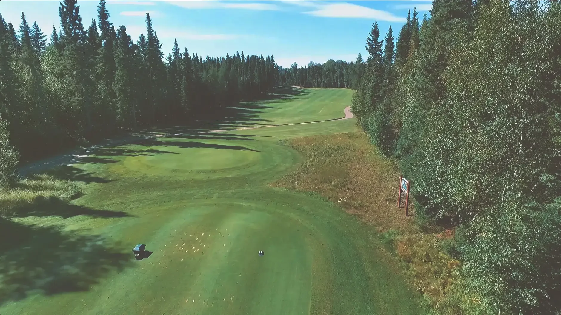 Aerial view of the eighth hole on the Aspen course at Elk Ridge Resort, with trees surrounding the green.