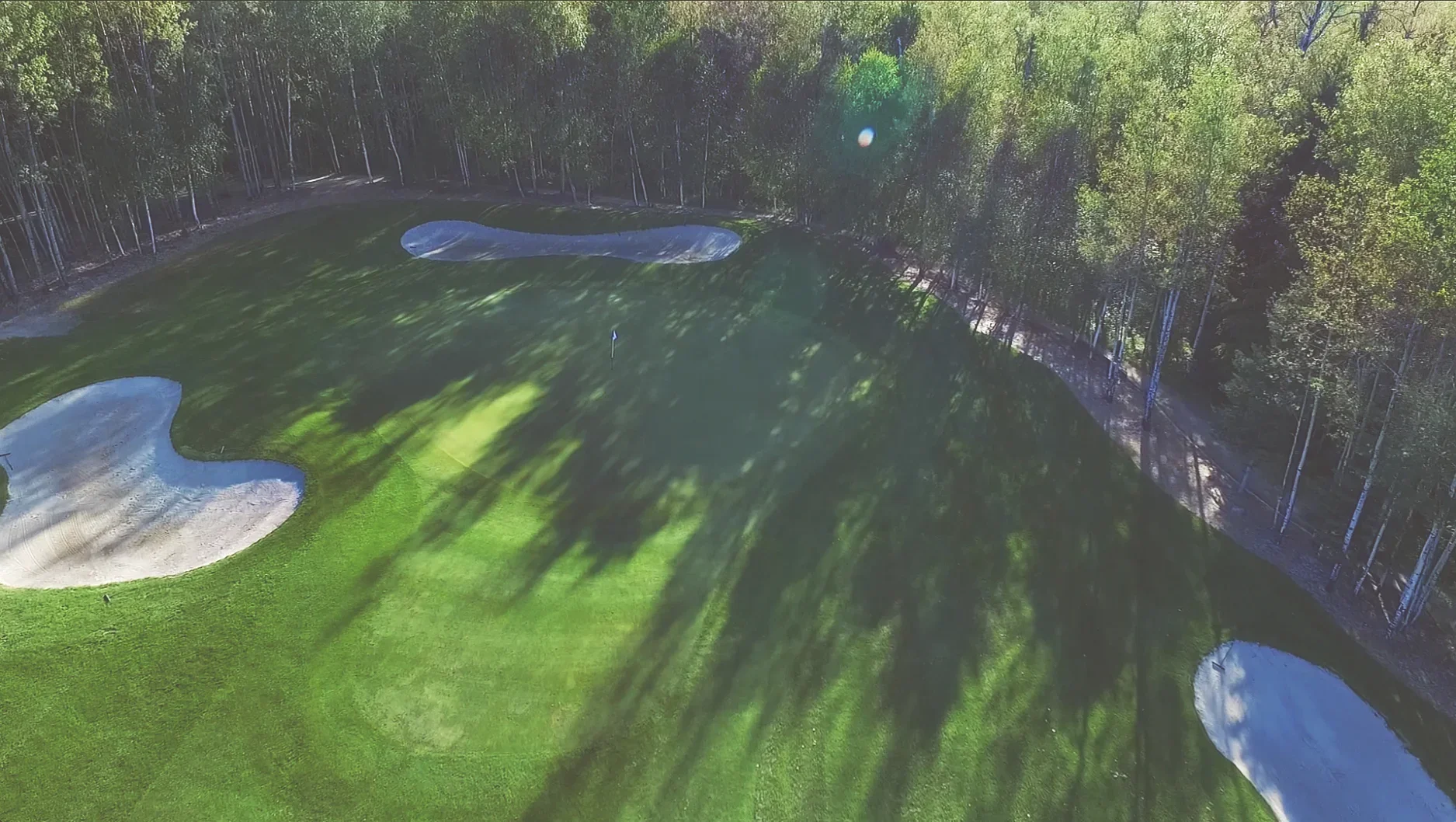 Aerial view of a golf course with green grass, sand traps, and a flag marking the hole, bordered by trees.