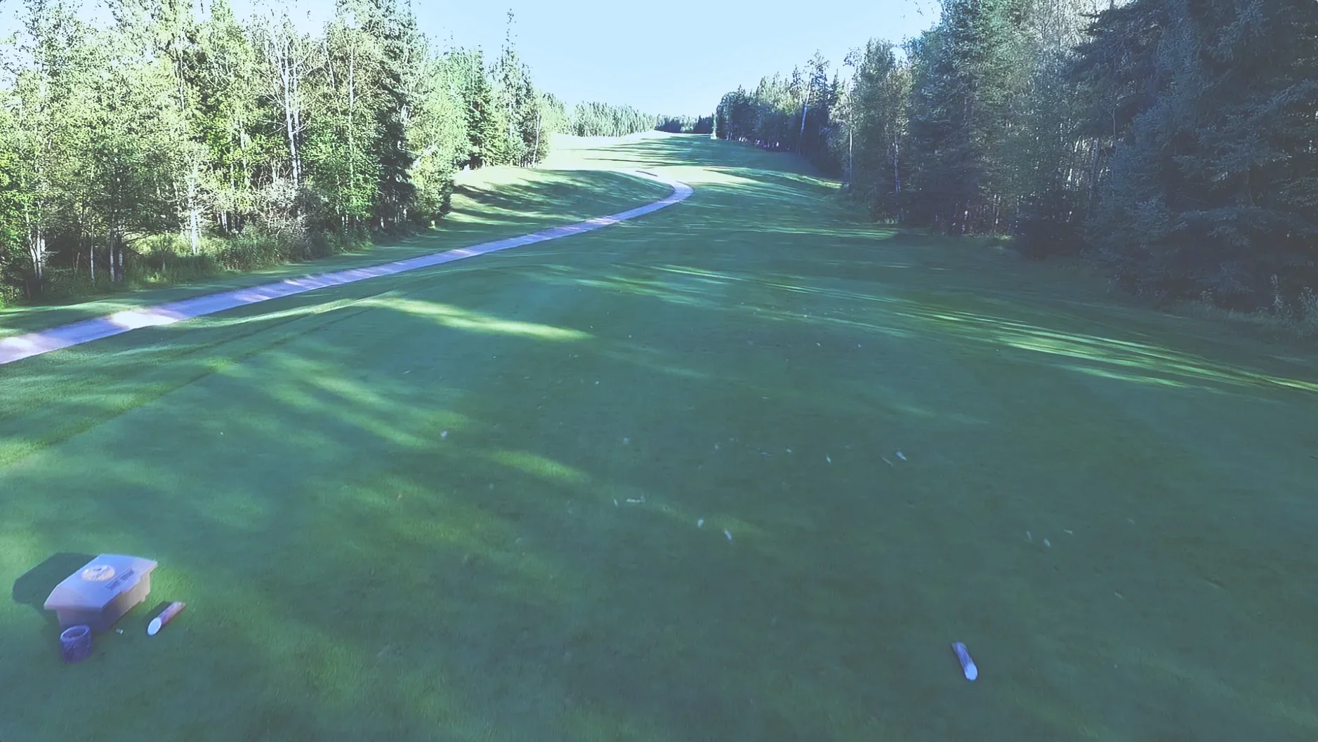View of a golf course from a tee box, with a lush green fairway, surrounded by trees, under a clear sky.