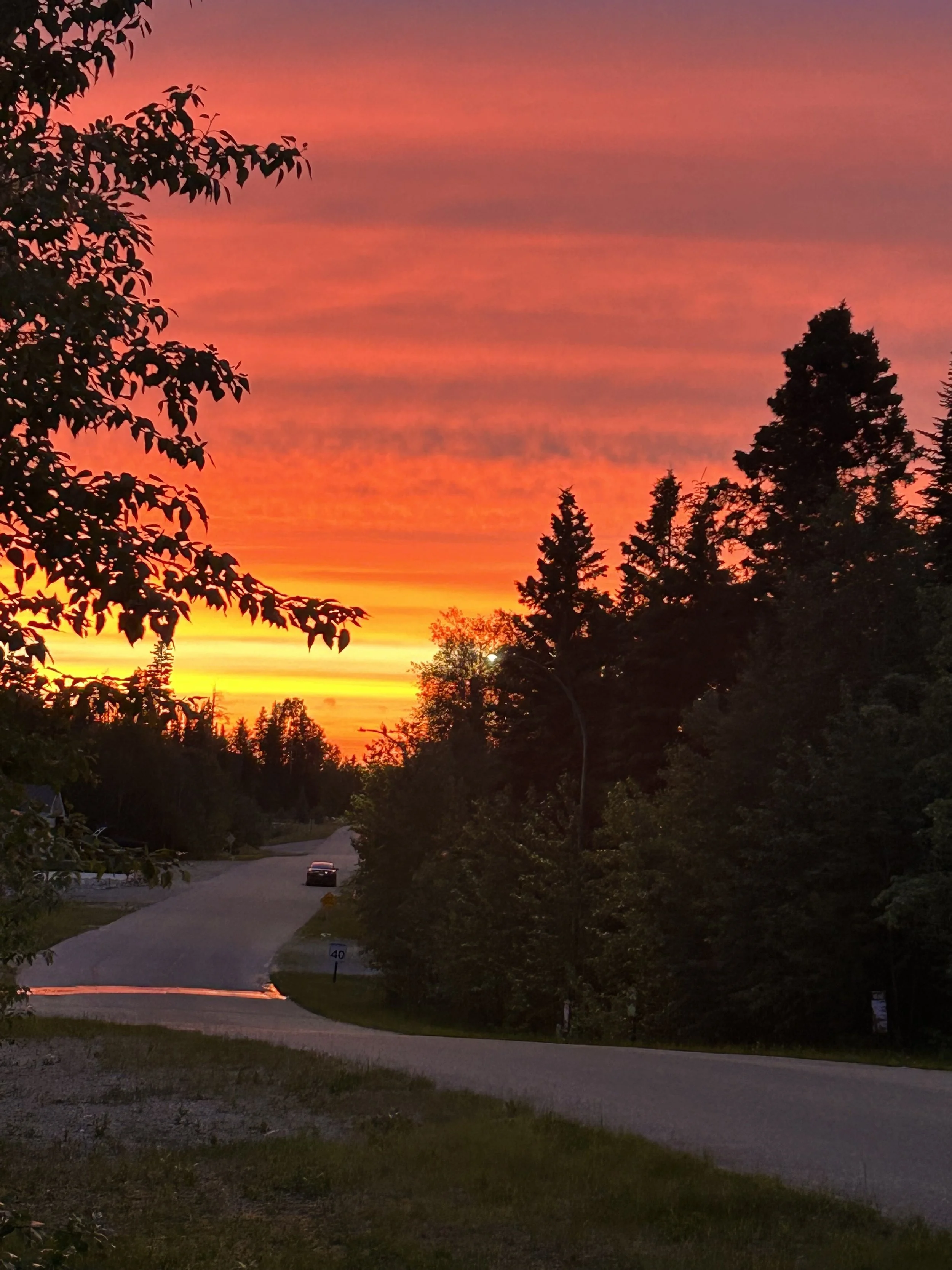 A scenic view of a sunset with a colorful sky in shades of pink, orange, and yellow, with silhouettes of trees and a winding road with a parked car.