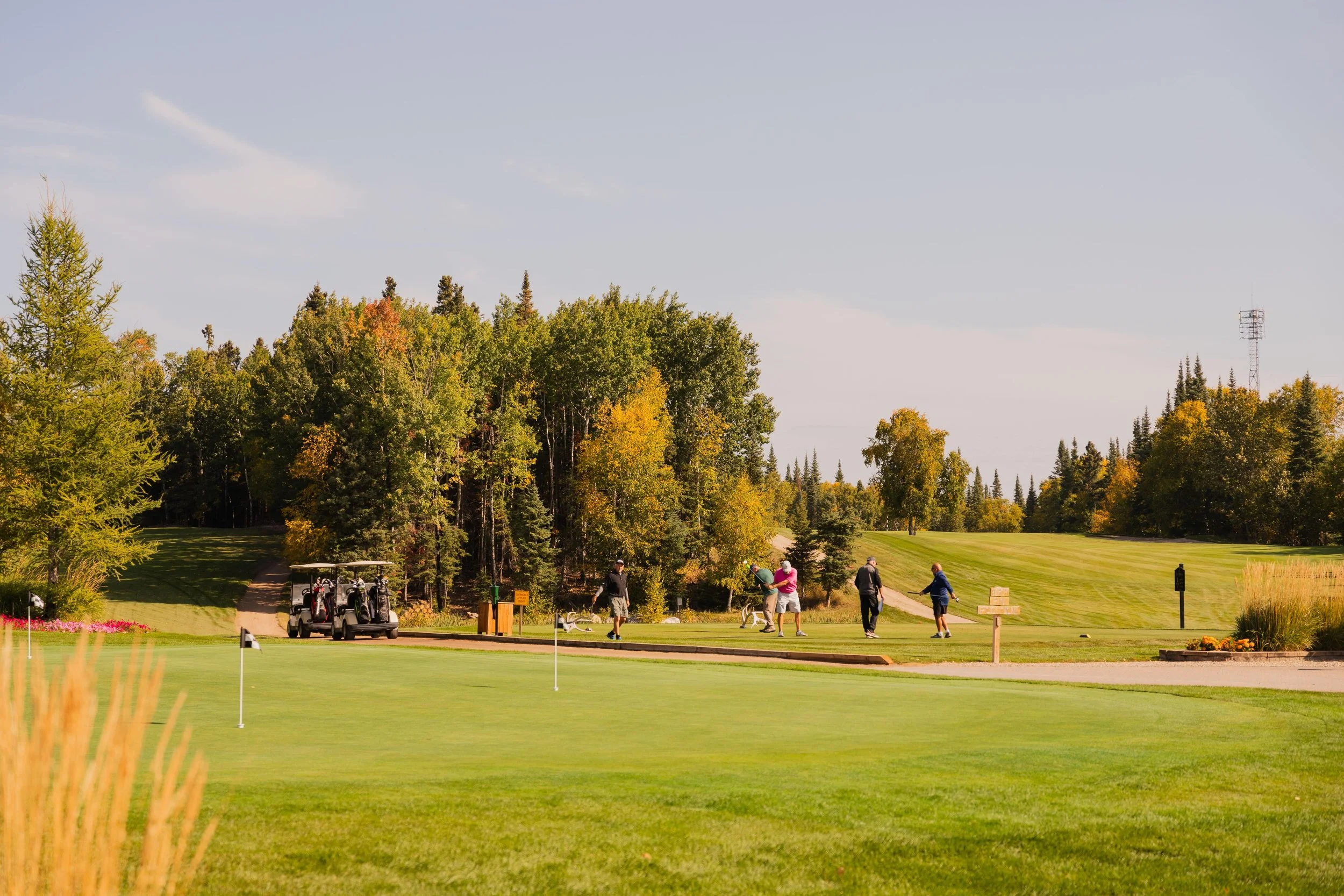 Golfers on a fairway surrounded by tall trees in fall foliage, with a golf cart parked nearby.