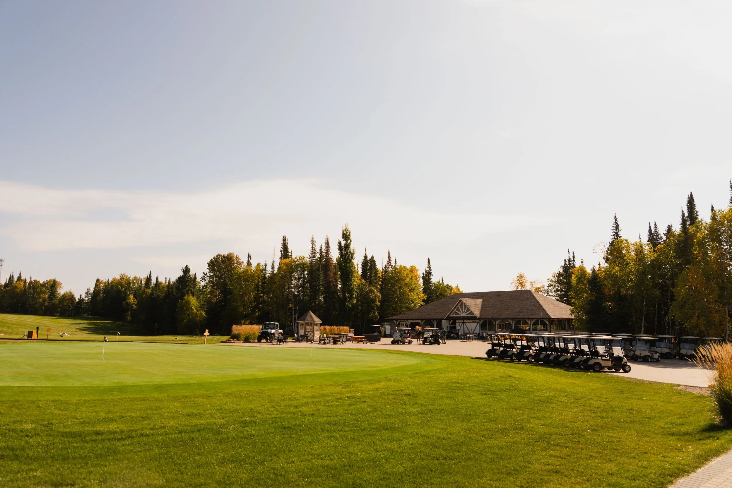 A putting green in the foreground with the clubhouse and golf carts behind it, ringed by tall trees.