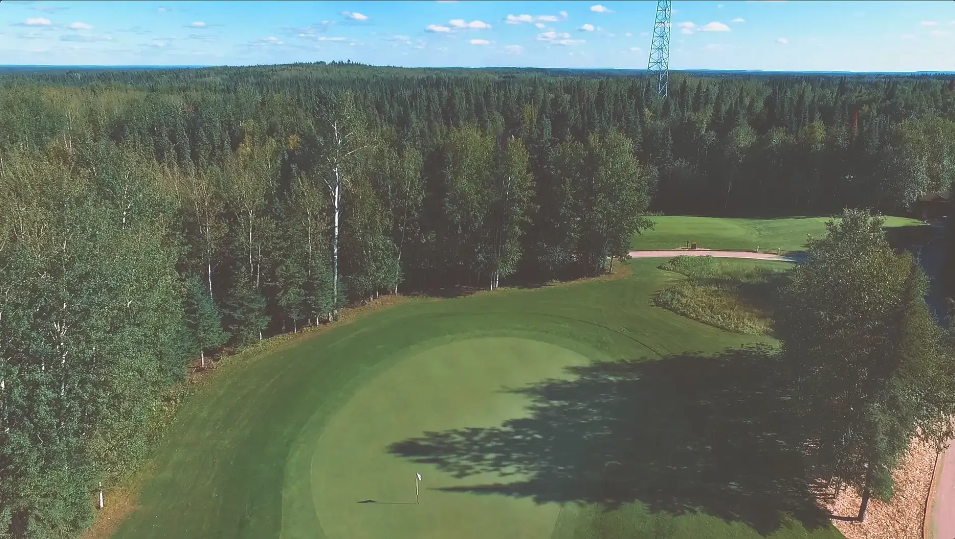 A golf course green surrounded by trees, with a flag on the putting green and a golf ball nearby, under a partly cloudy sky.