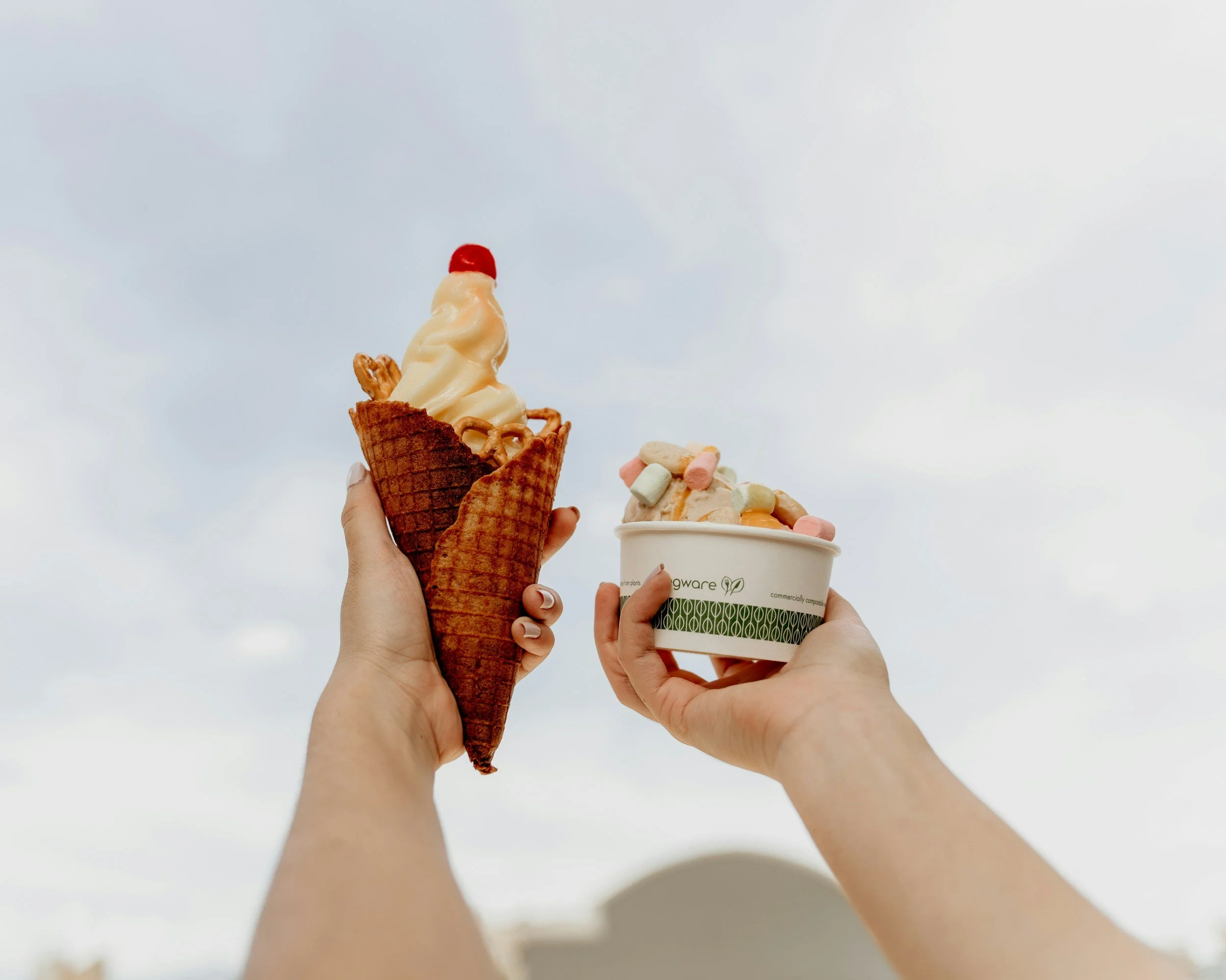 Two hands hold ice cream cones with different flavours and toppings against a cloudy sky.