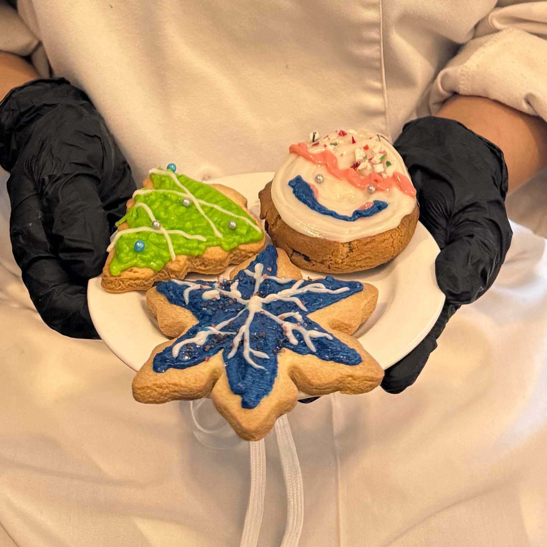 A pastry chef holding a plate of Christmas cookies iced as a tree, a snowflake and a peppermint swirl